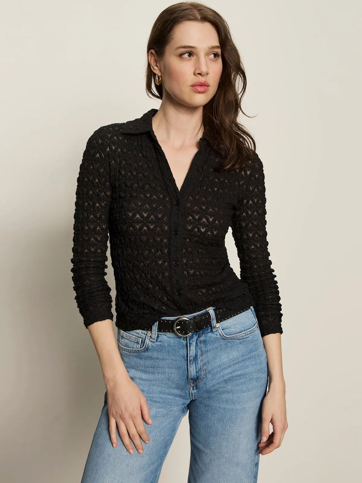 Feminine Fit Dreamgirl Lace Button Up Top Black
