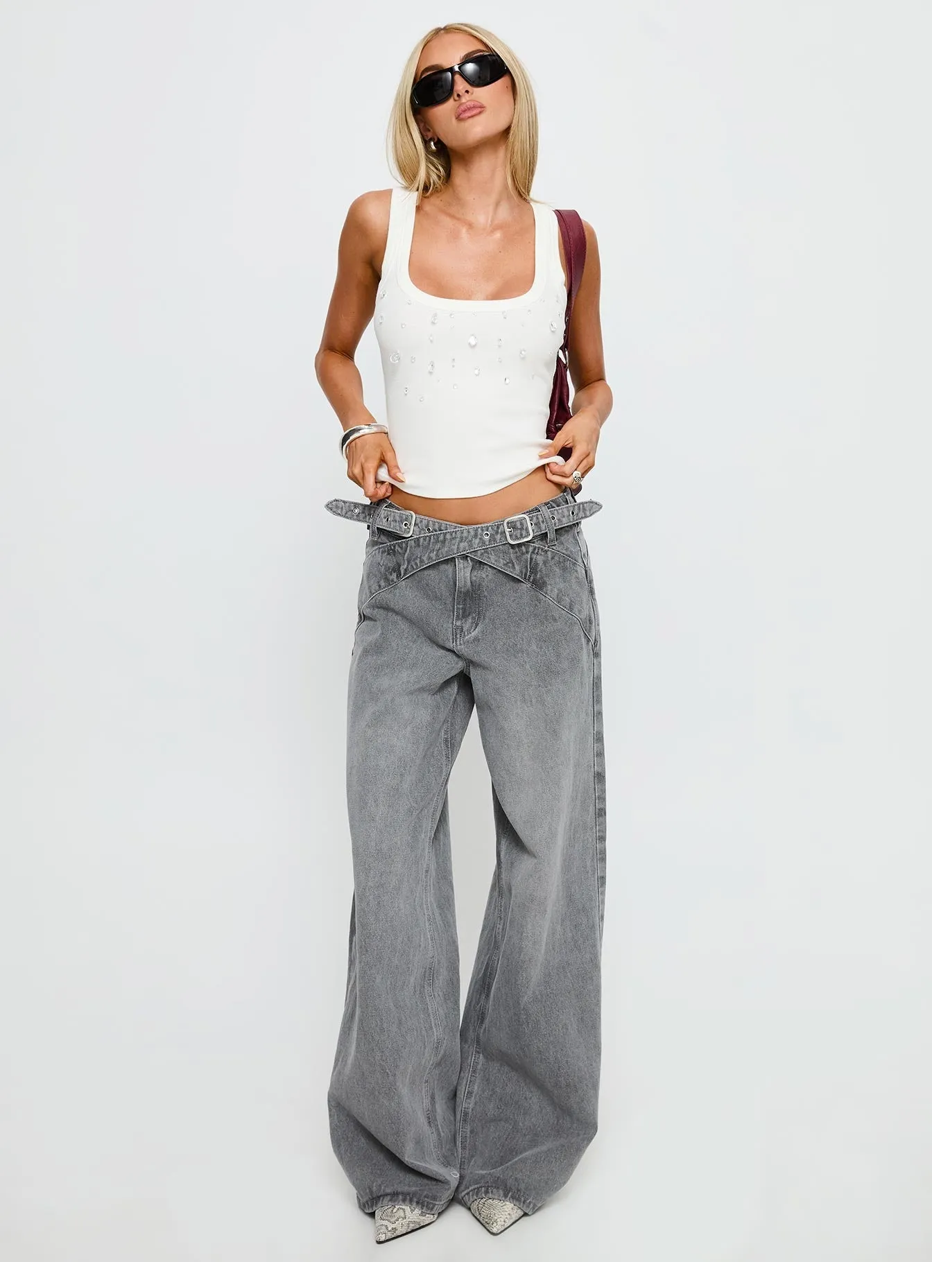 Diviana Droplet Rib Tank Top White Durable Double Stitched Seams short - term storage