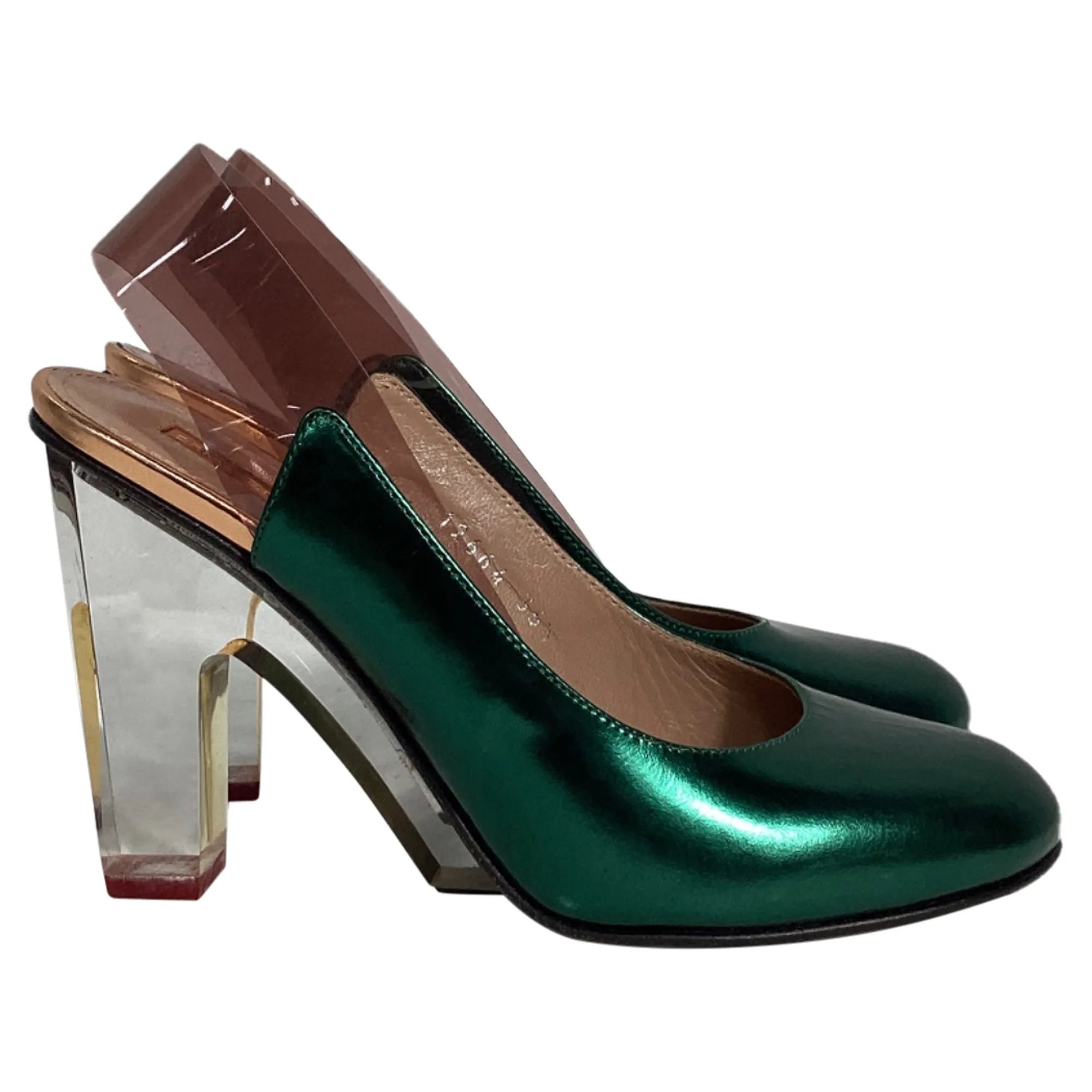 Water Resistant Timeless Vibe Dries Van Noten Metallic Clear Heel Pumps in Green Leather