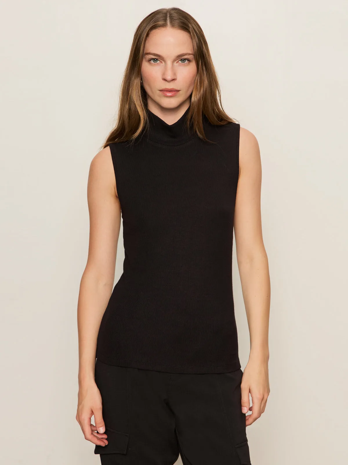 Essential Sleeveless Mock Neck Tank Black dry cleanable