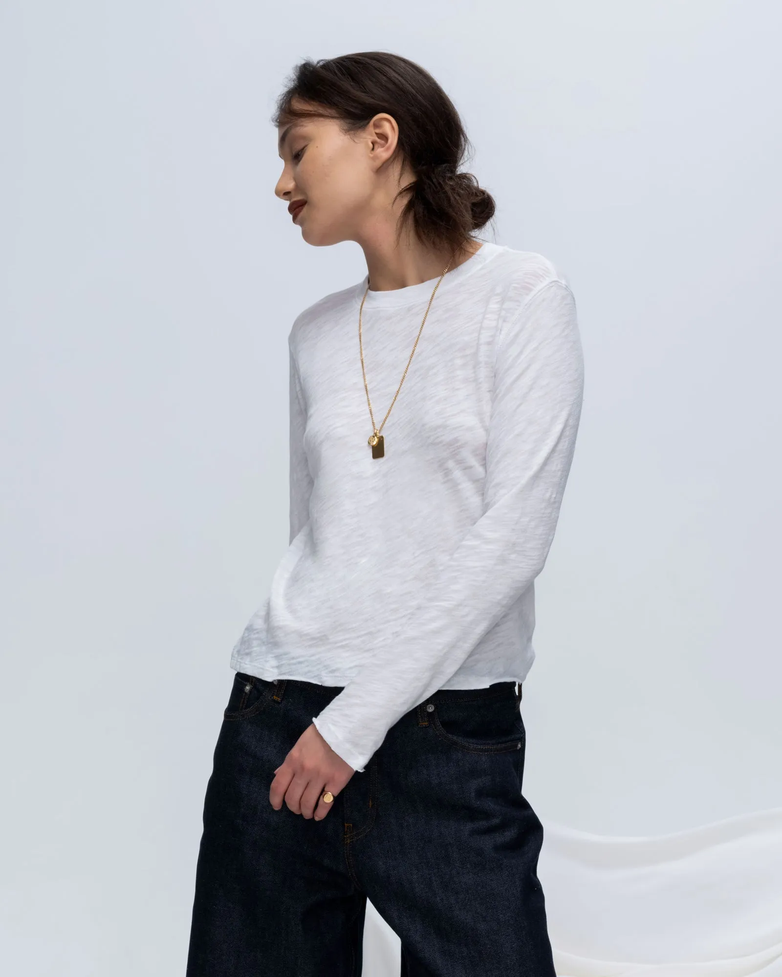 Slub Jersey Long Sleeve Destroyed Wash Crop Tee - White PocketDetail Pullover