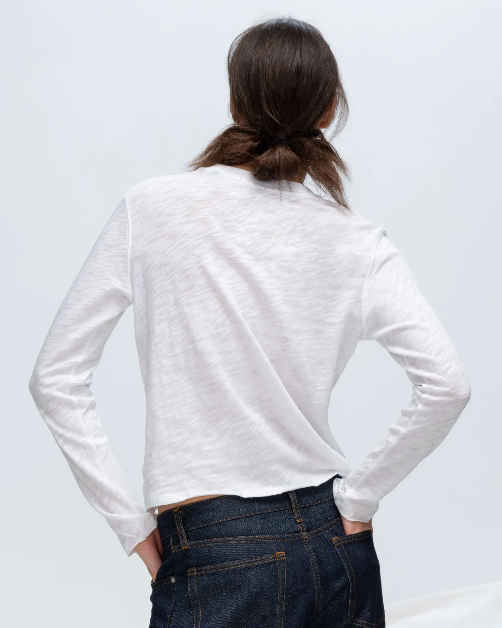 Solid color purity Slub Jersey Long Sleeve Destroyed Wash Crop Tee - White