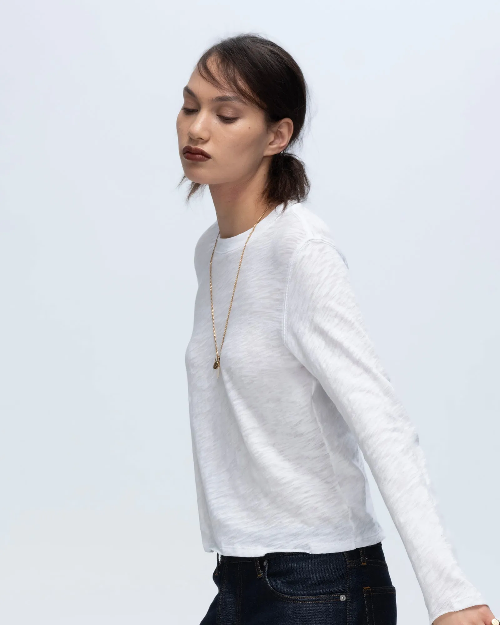 Running Gear Layered Neckline Slub Jersey Long Sleeve Destroyed Wash Crop Tee - White