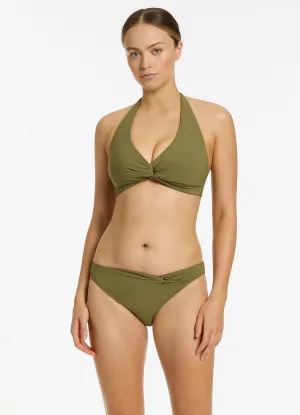 Abrasion Resistant Fabric Twist Front Hipster Bikini Bottom - Moss