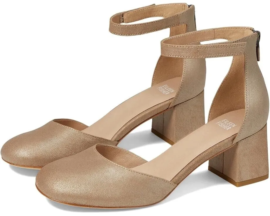 Eileen Fisher Indi Women's US 7 Platinum Leather Ankle Strap Block Heel KHD1129 Traction pattern