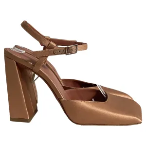 Amina Muaddi Charlotte Pumps in Brown Satin Comfortable Padding