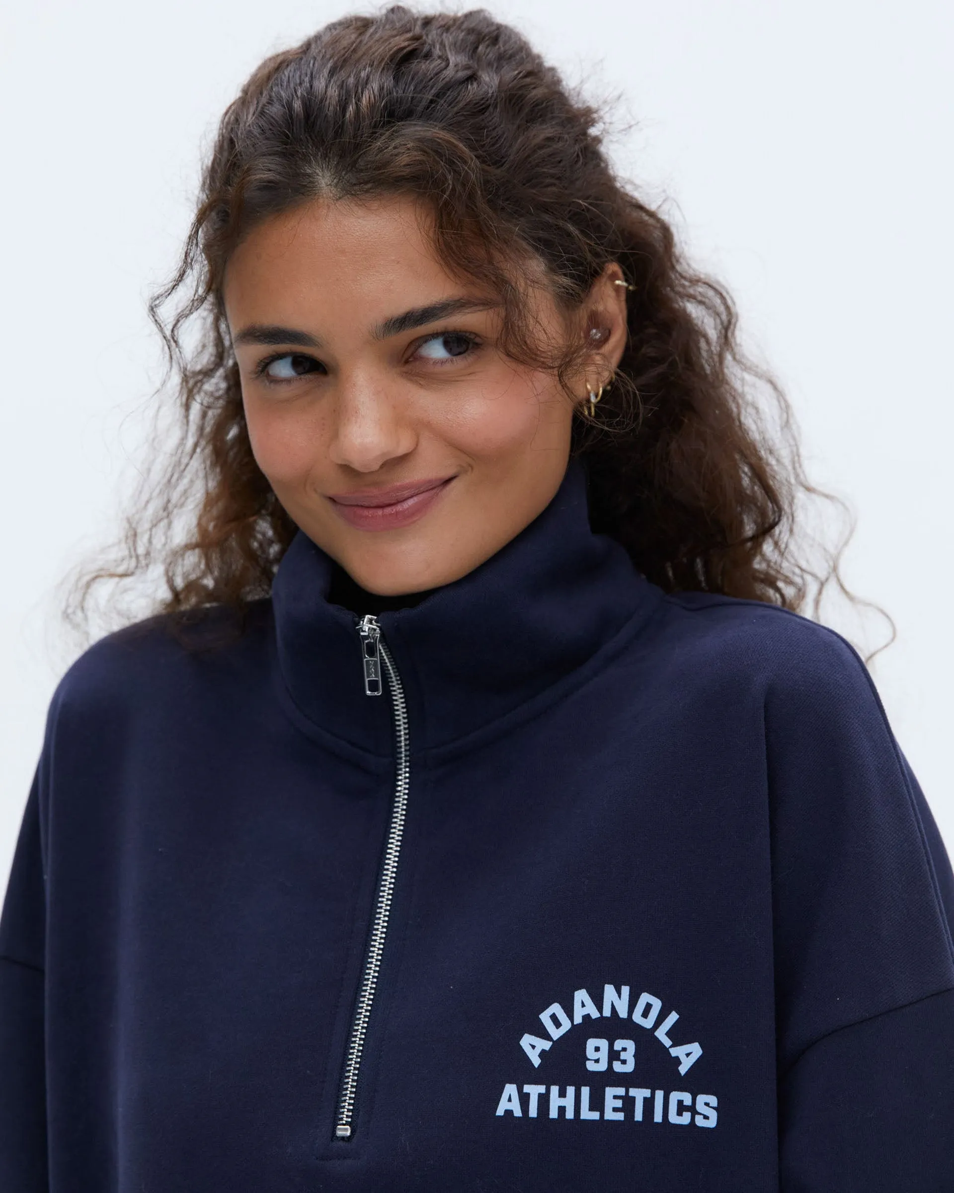 Warm Campus Oversized Funnel Neck Zip Sweatshirt - Navy Blue/Powder Blue