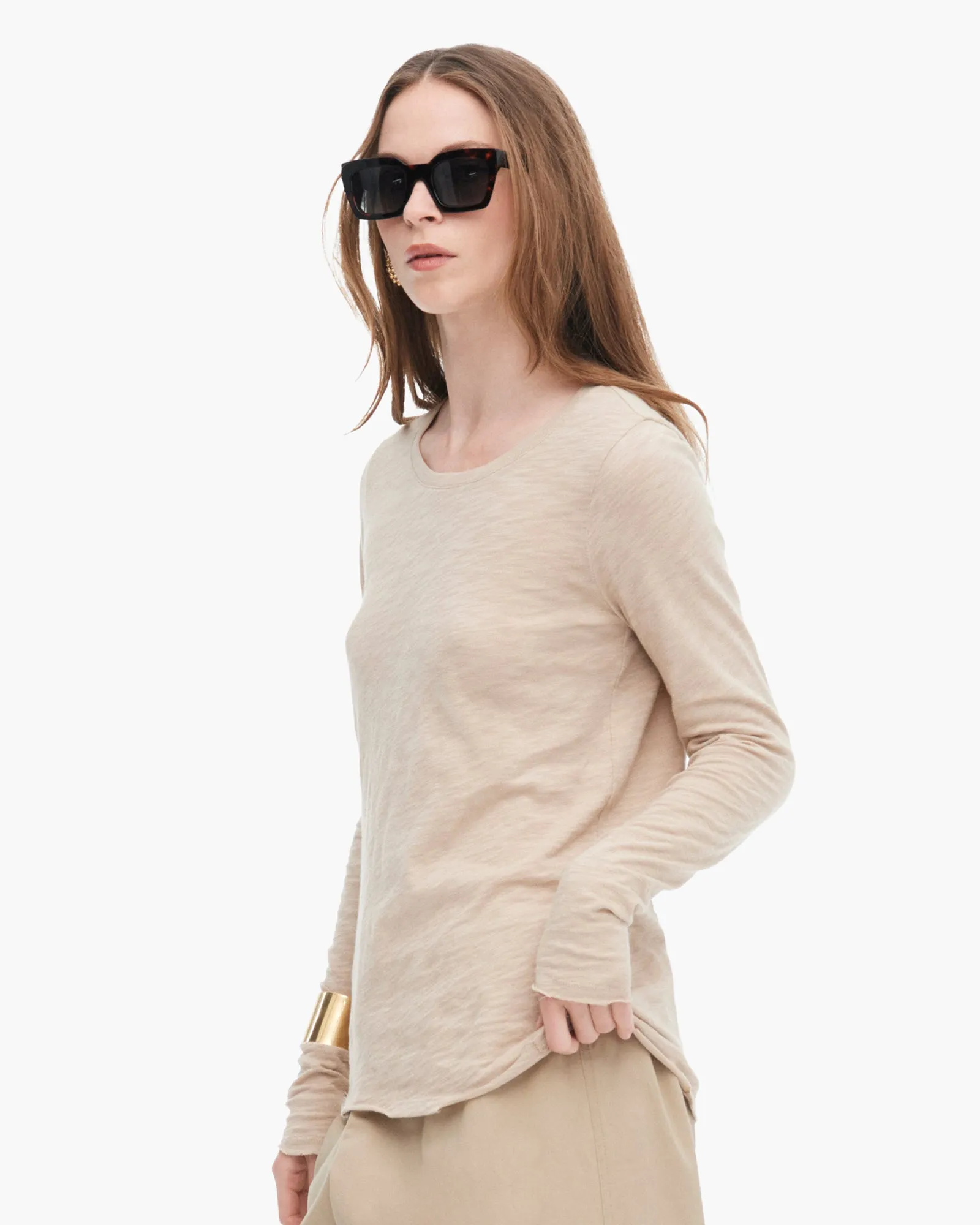 No Shrink Technology Relaxed Comfort Look Slub Jersey Long Sleeve Destroyed Crew - Dune