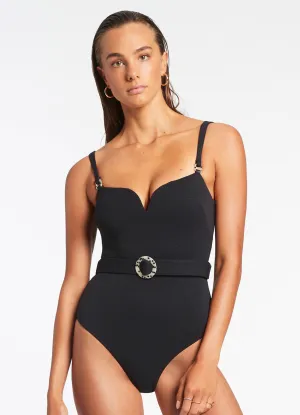 Isla Rib Sweetheart Tank One Piece - Black Glossy-Texture