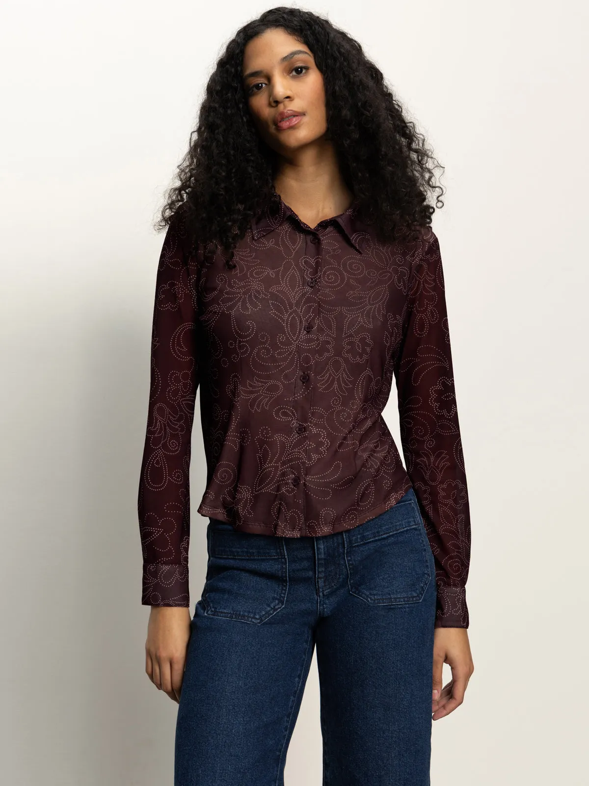 City Casual ZeroWaste Production Fitted Mesh Button Down Top Boheme