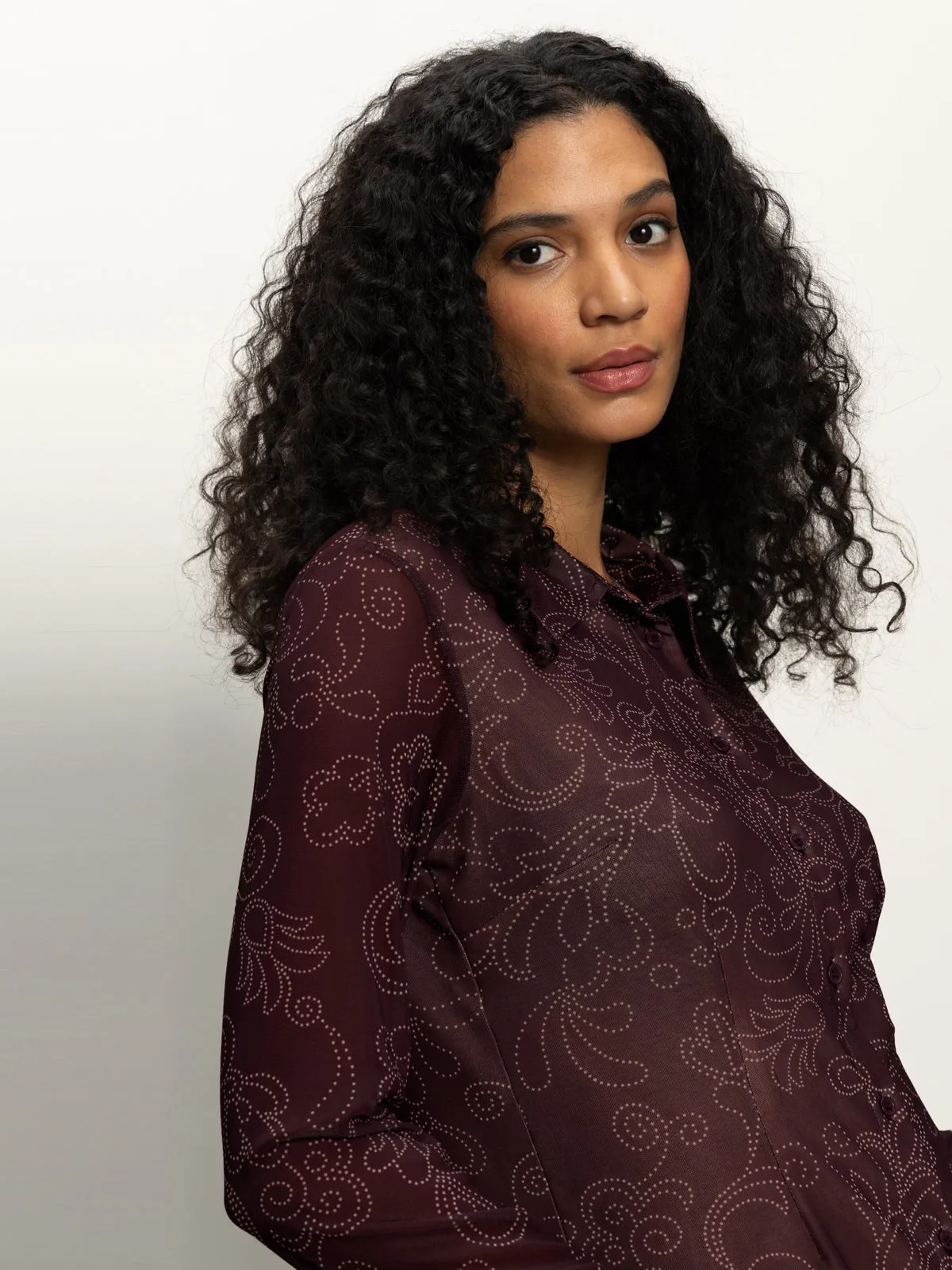 Foam Print Detail Fitted Mesh Button Down Top Boheme