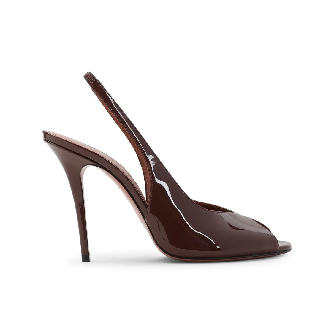Open-Toe Brown Patent Leather Stiletto Pumps Matte Finish