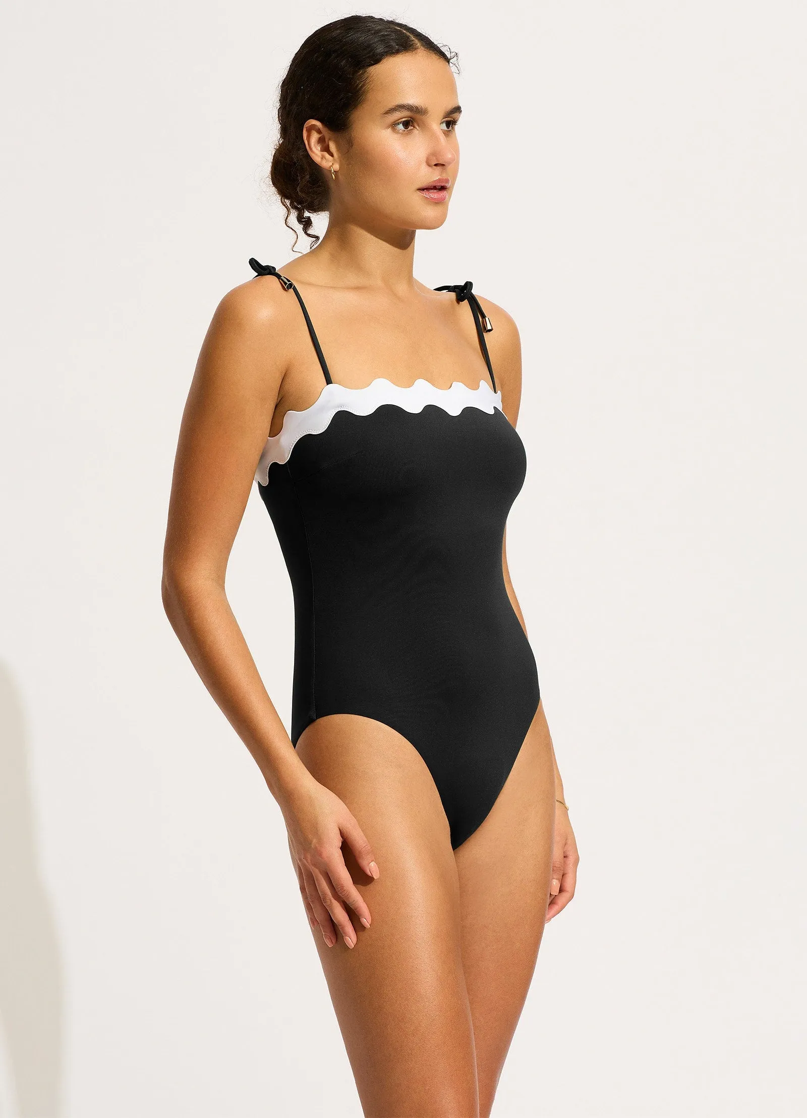 Chlorine Resistant Fabric Smooth Yoke Construction Gia Ric Rac Bandeau One Piece  - Black