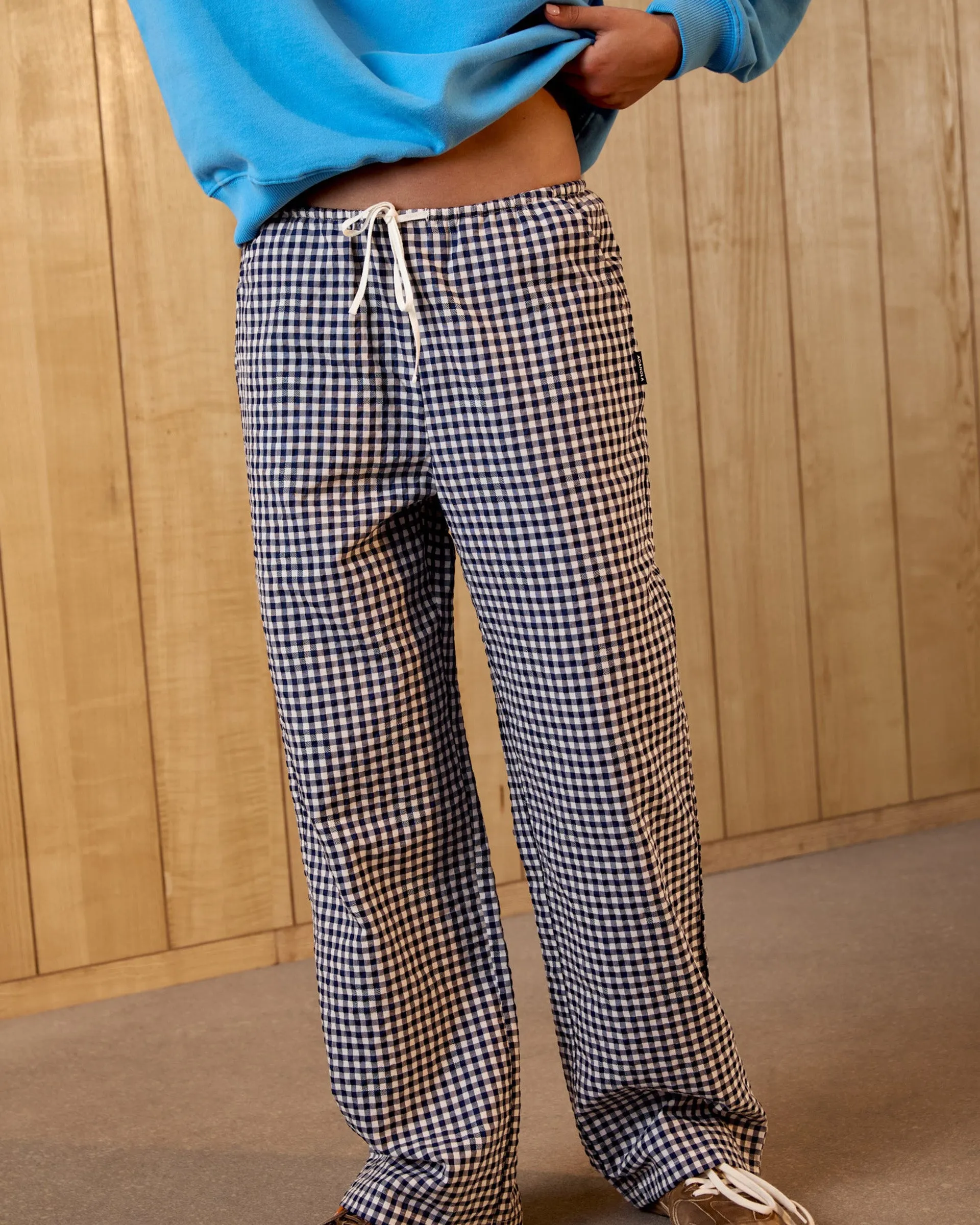 Gingham Drawstring Pants - Navy Blue/White Flexible Motion