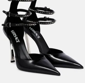 Durable Sole Women Pin Point Leather Ankle Strap Pumps In Black