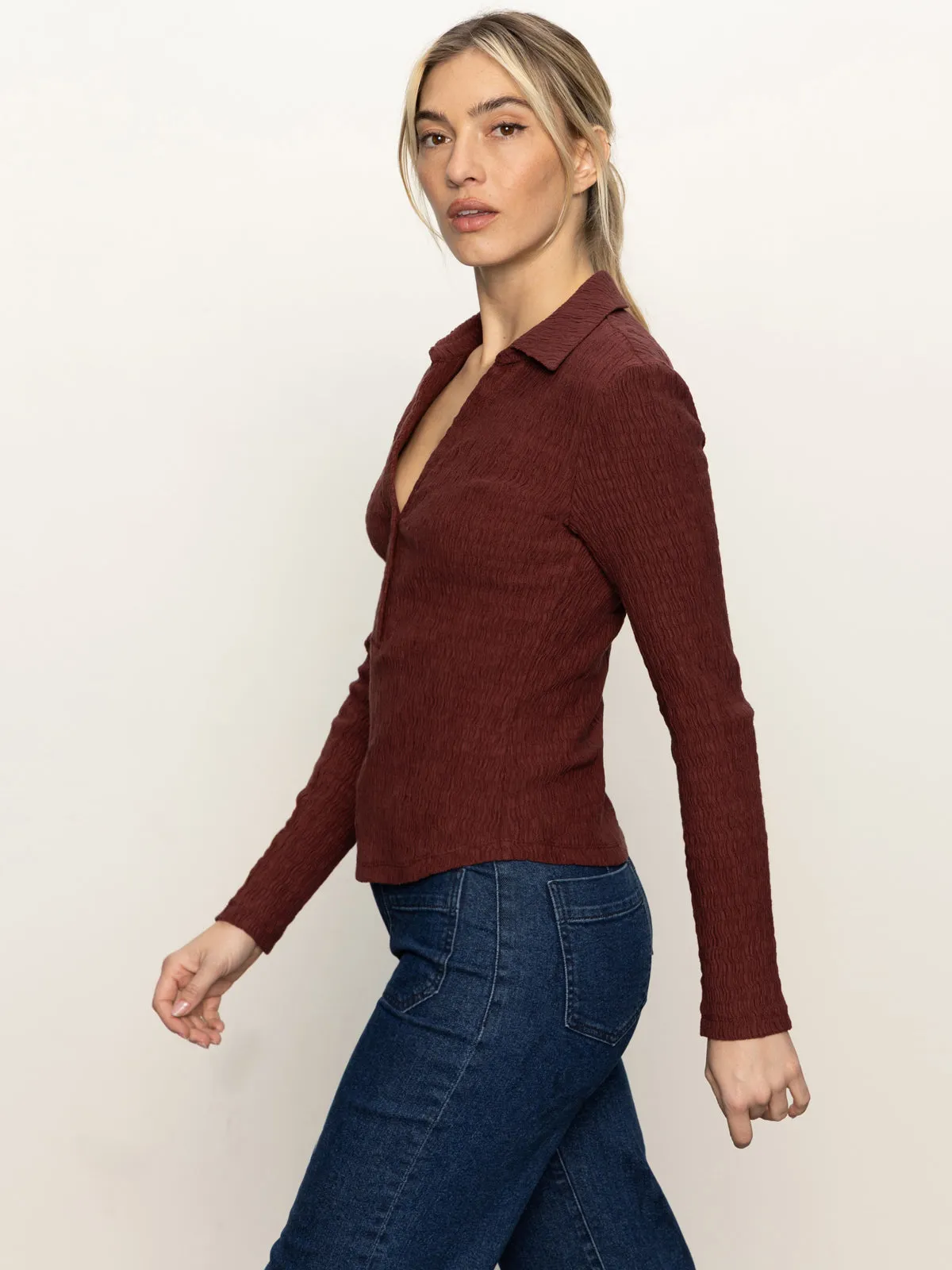 Wear Resistant Fabric Long Sleeve Textured Top Chicory