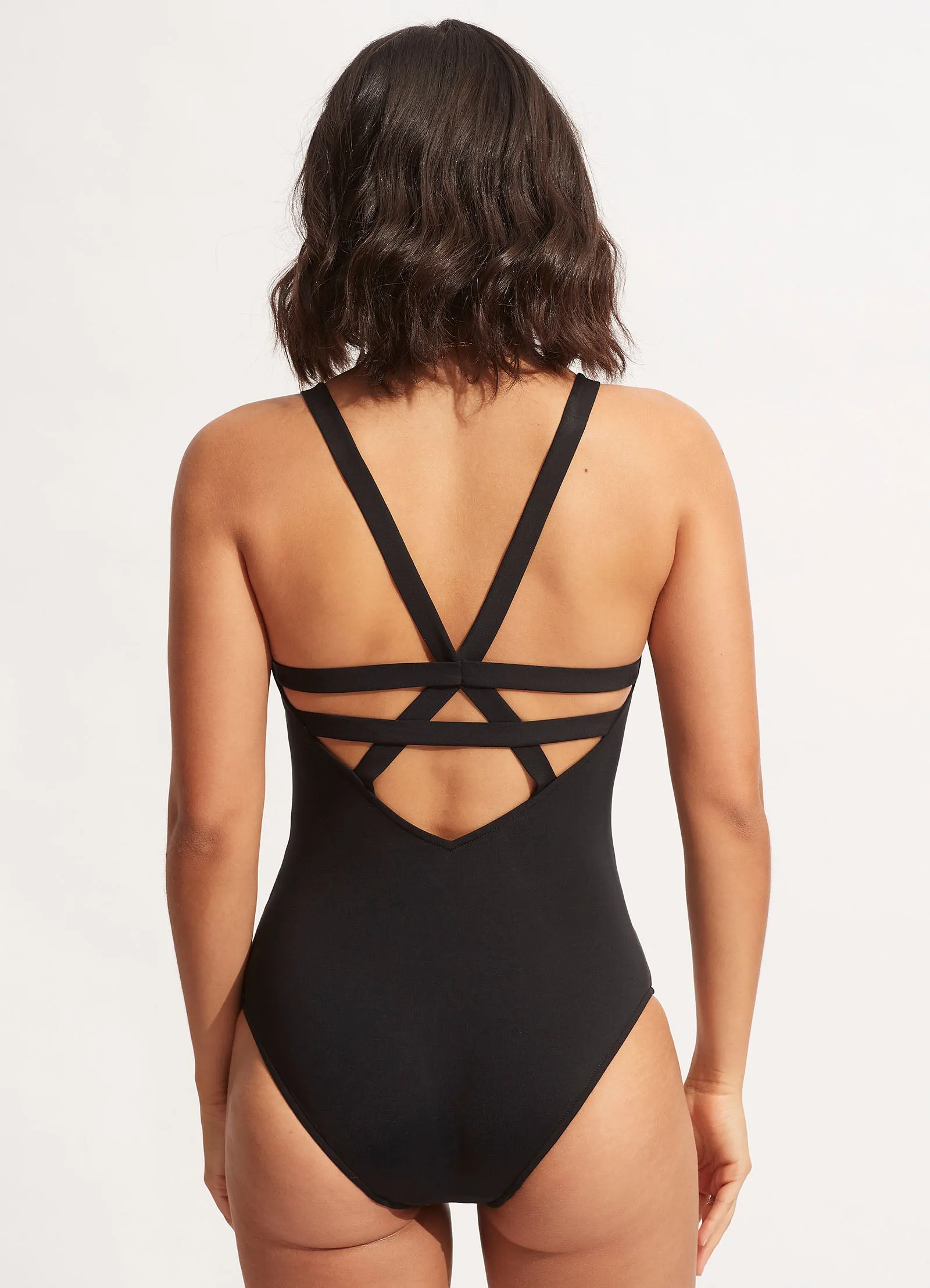 Tropical Getaway UPF 50 Protection Seafolly Collective Deep V One Piece - Black