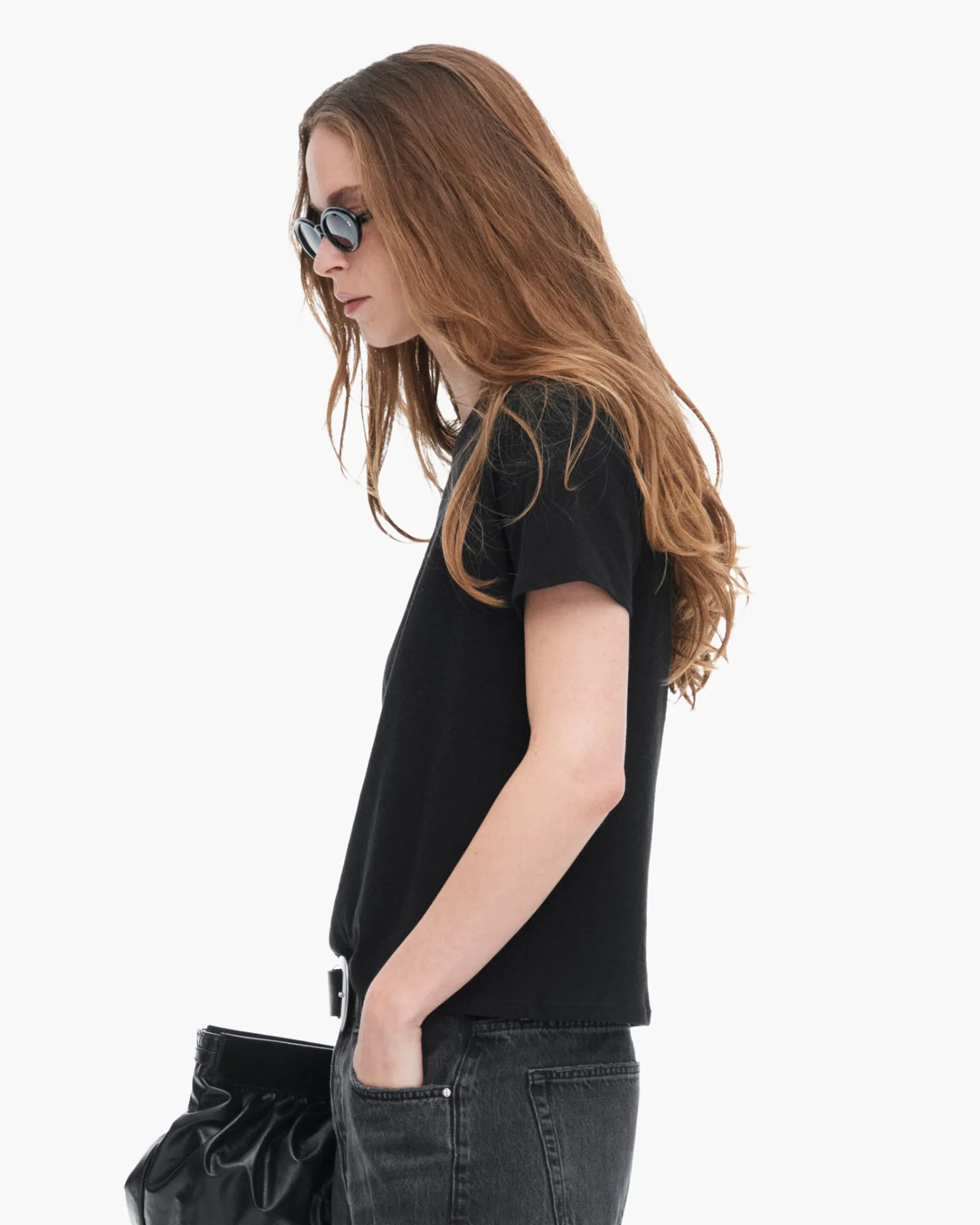 Standard Body Fit Wide Neck Opening High Torsion Short Sleeve Crew Neck Tee - Black