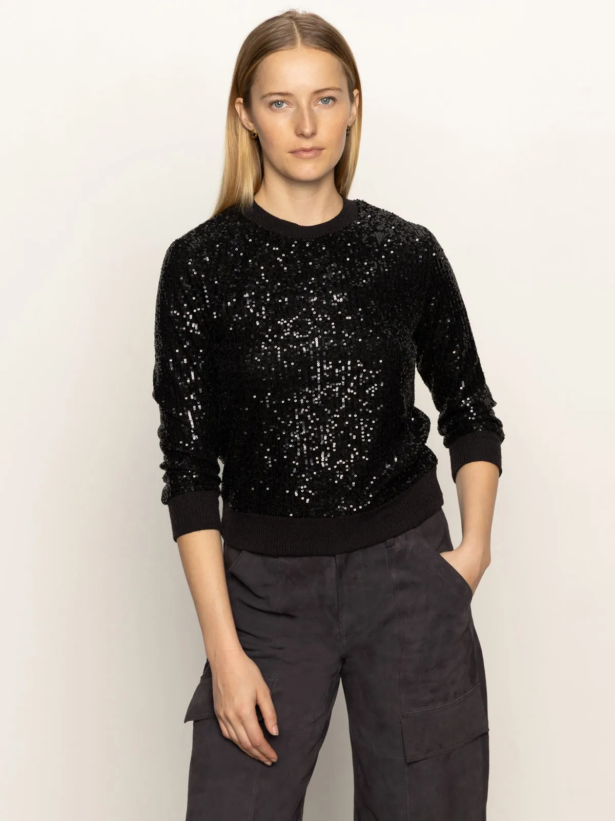 Timeless Fashion Breathable Mesh Panels Relaxed Sparkle Popover Black