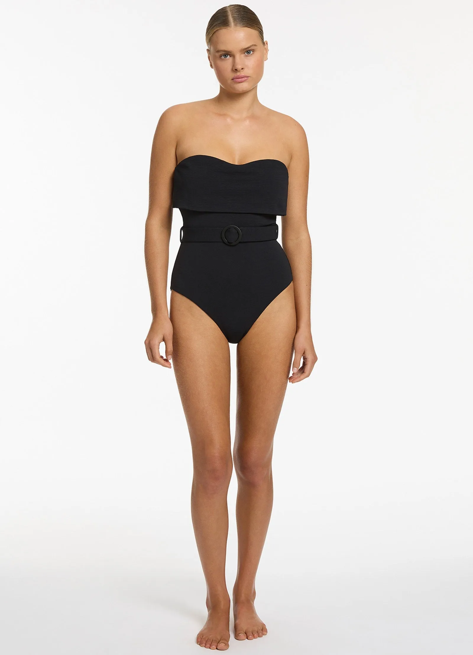 Isla Rib Fold Down Bandeau One Piece - Black Ozone Resistant Fibers