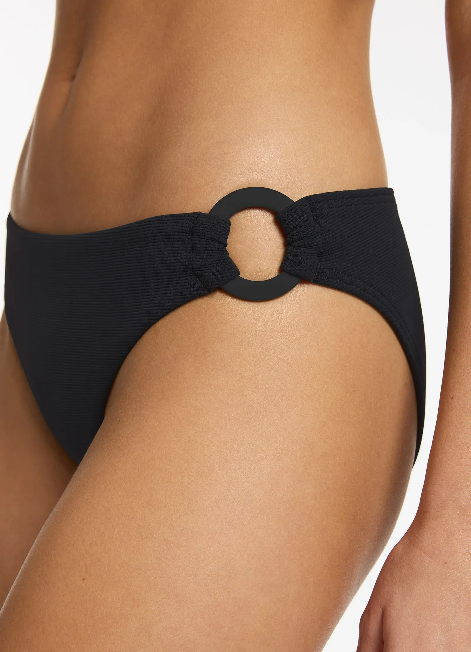 Isla Rib Trim Side Hipster Bikini Bottom - Black Minimalist Silhouette