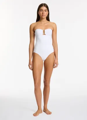 Moderate Coverage Cut Shrink Resistant Material Jetset Bandeau One Piece - White