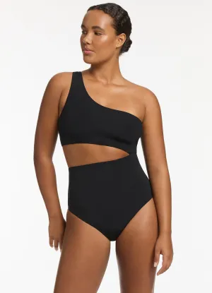 Jetset One Shoulder One Piece - Black Waterproof Swimwear Resort Essentials