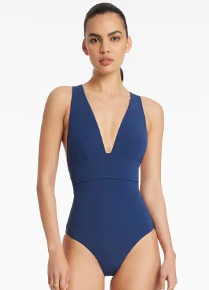 Adjustable-Straps Glamorous Style Jetset Plunge Tie Back One Piece - Pacific Blue