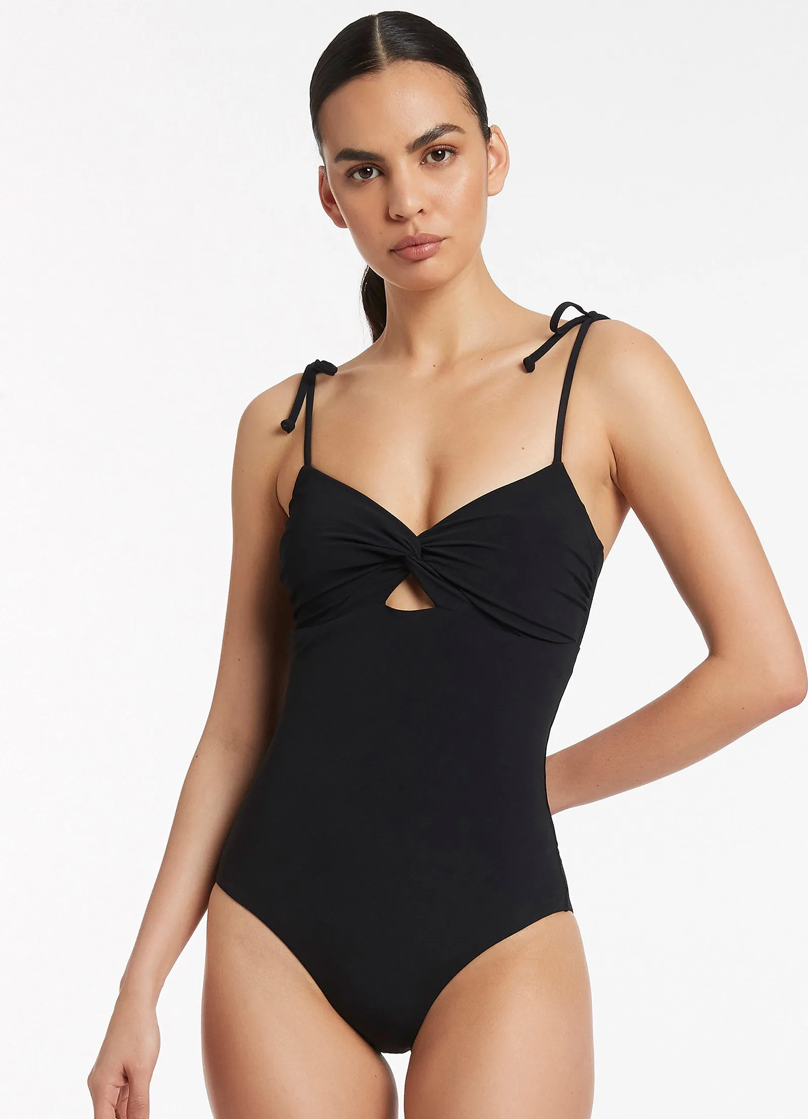 Buckle-Adjustment Sunny Holiday Jetset Twist Front One Piece - Black