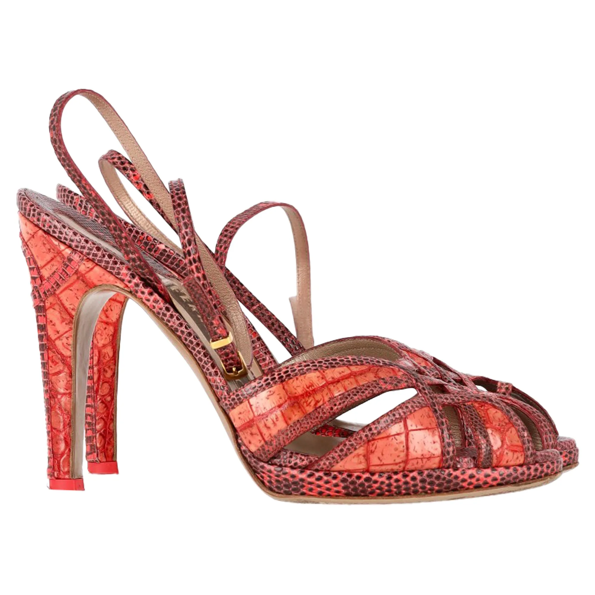 Sexy High Heels Evening Sandals Salvatore Ferragamo Snakeskin Peep-Toe Pumps in Red Leather