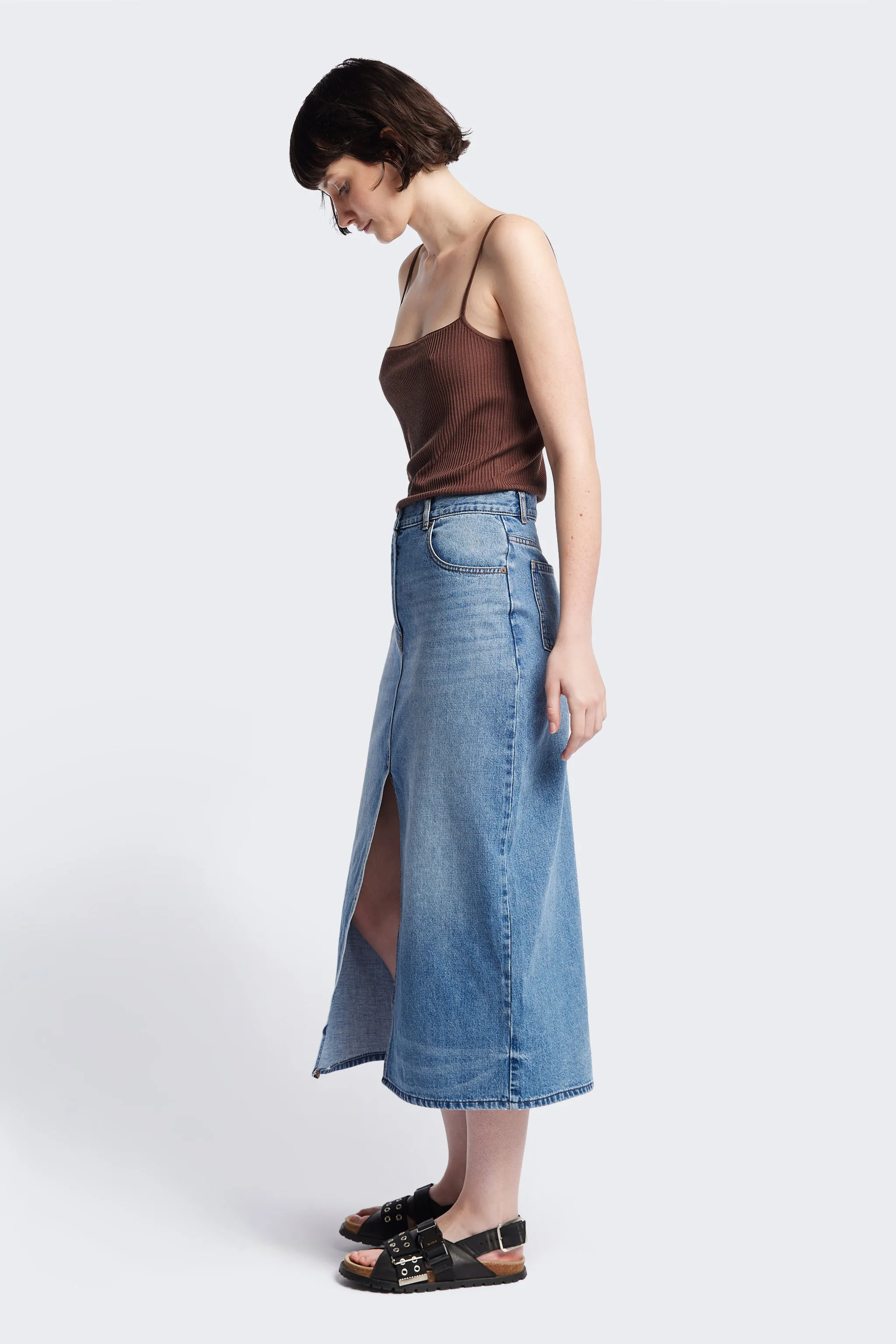 Texture Focus Vivendi Denim Skirt Mid-Blue fade