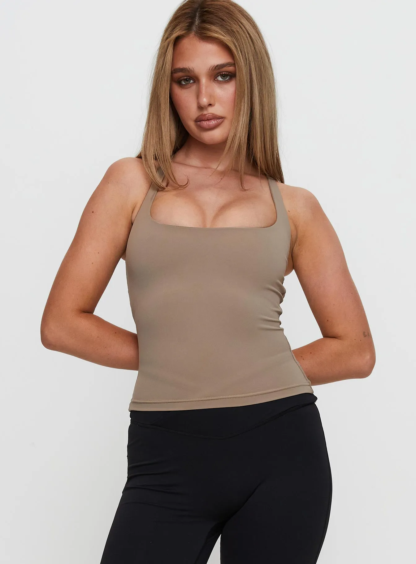 Layup Active Longline Cross Back Top Taupe Double Layered Hem