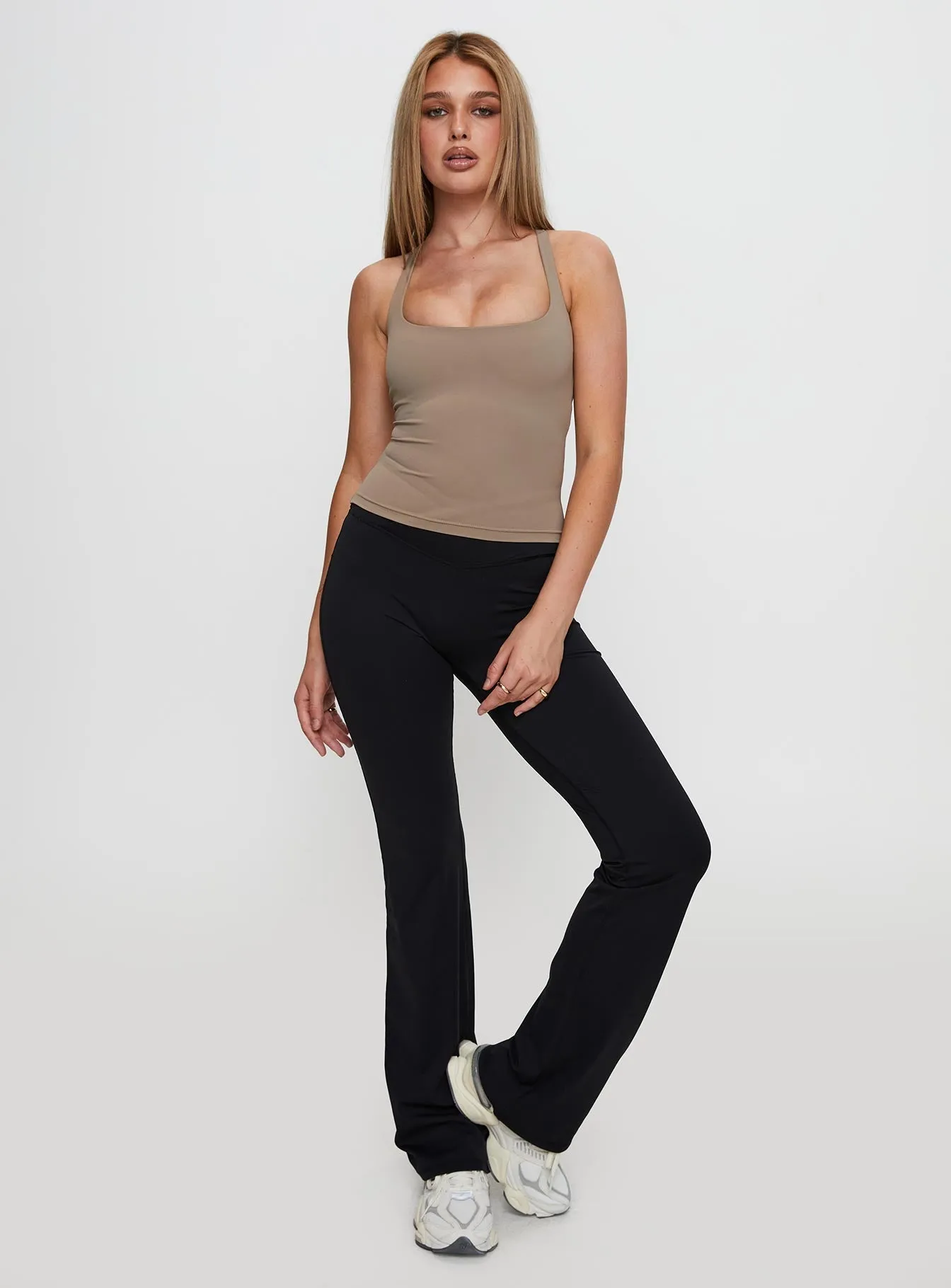 Layup Active Longline Cross Back Top Taupe Anti Slip Shoulder Straps Non Chafe Seams