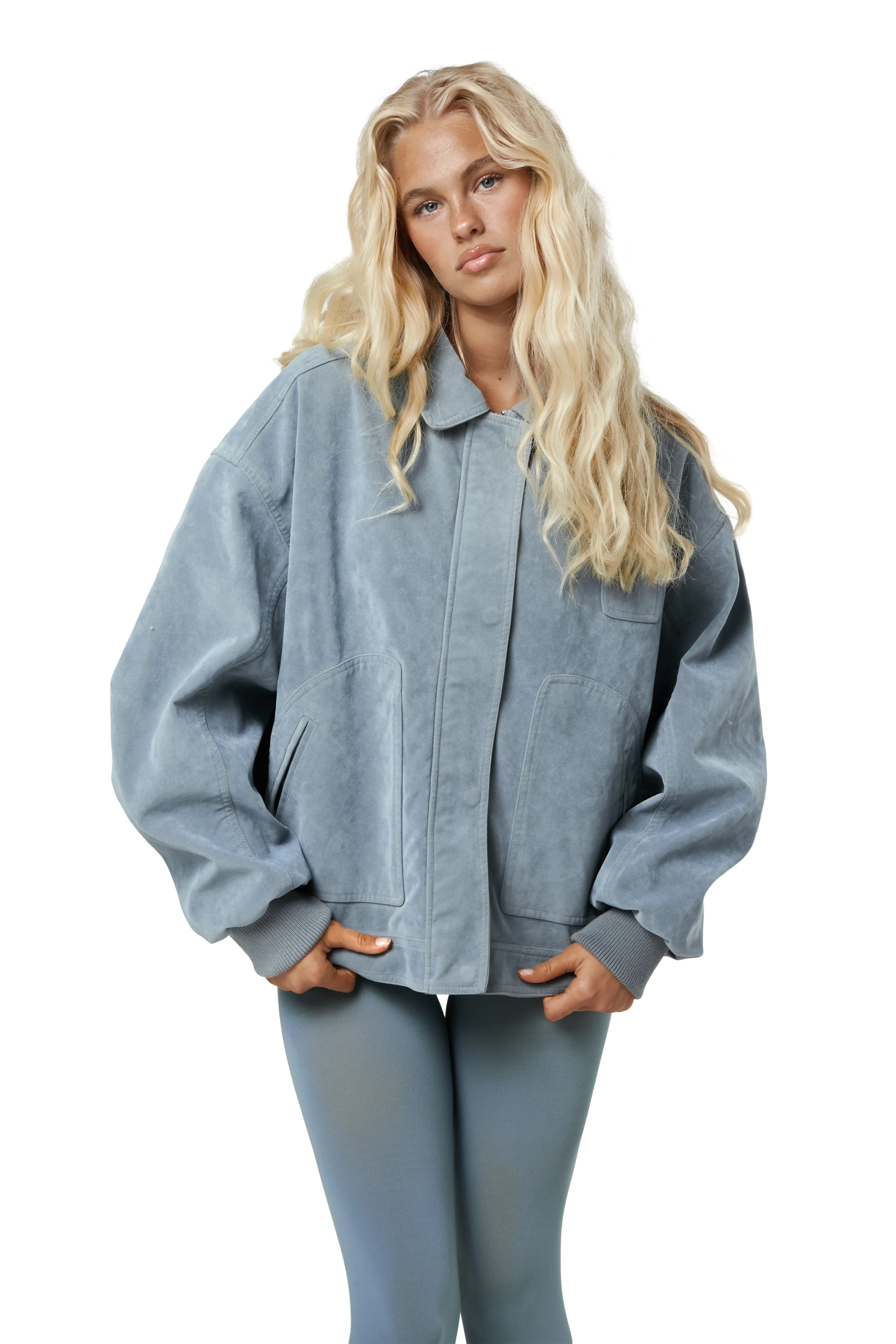 Recycled Polyester Blend Modern Minimal Martha Faux Suede Jacket in Blue