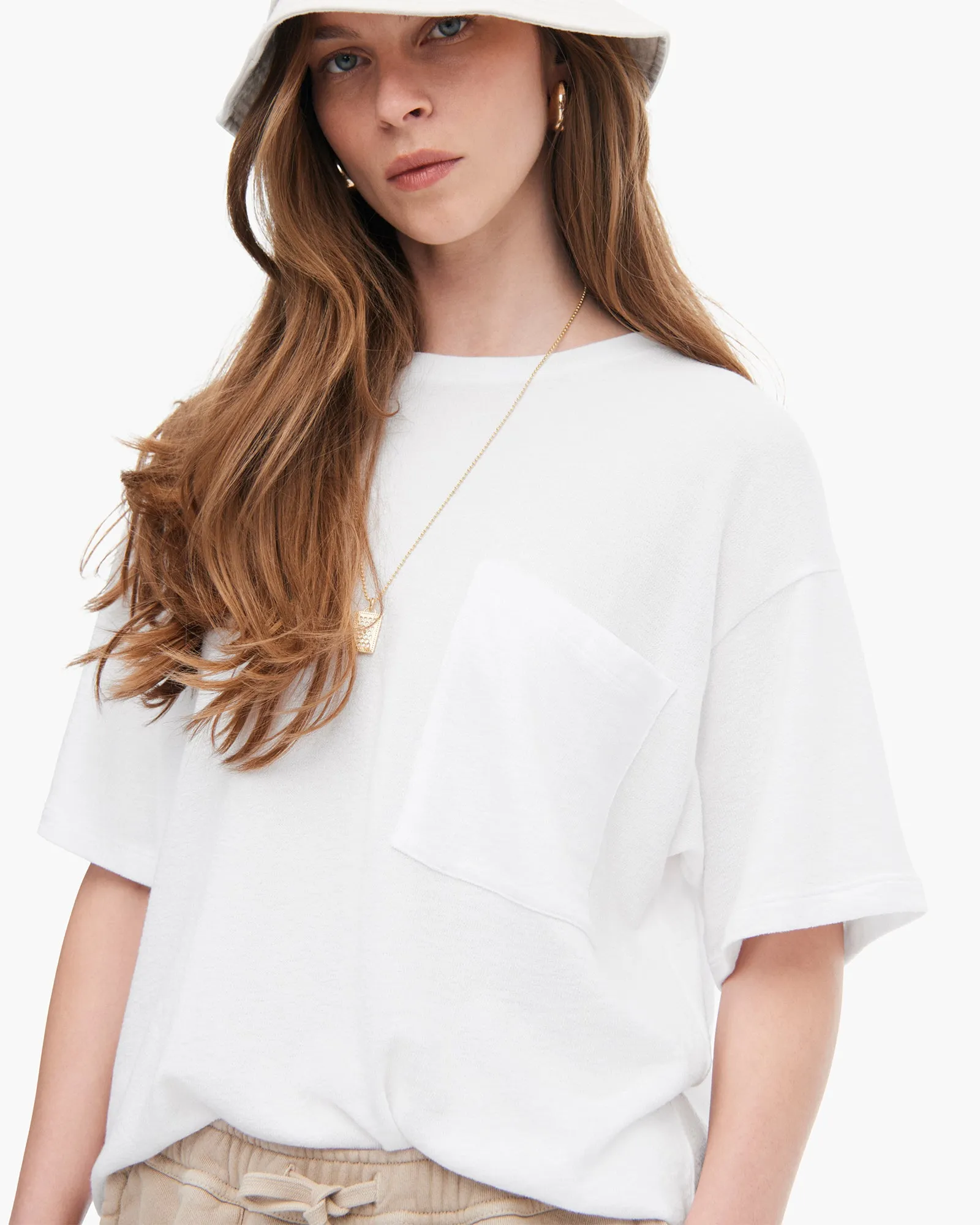Modern Design Loop Front Jersey Oversized Pocket Tee - White