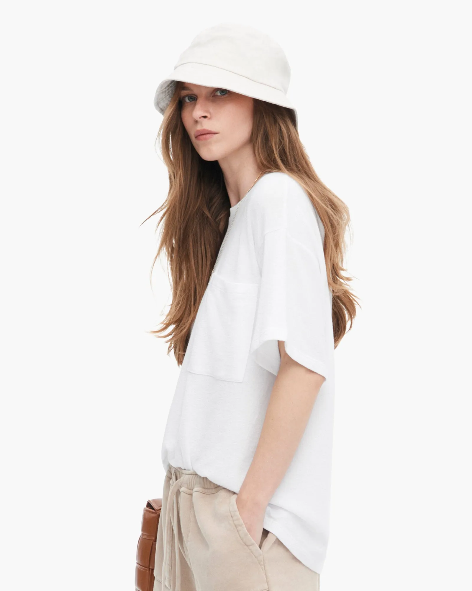 Vegan Curved Hem Loop Front Jersey Oversized Pocket Tee - White