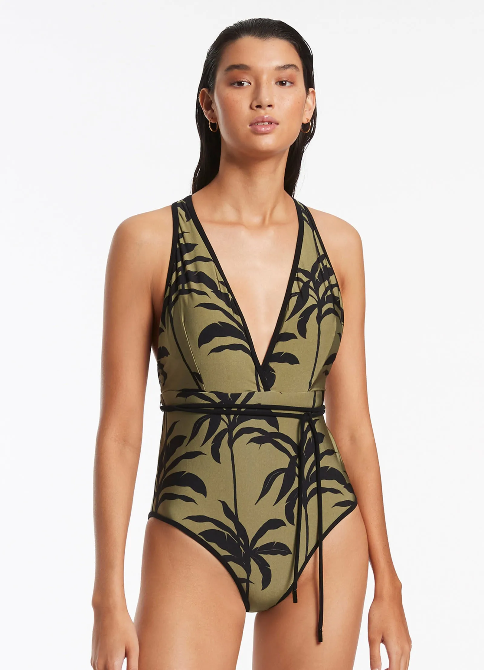 Taped Neckline Palme Plunge One Piece - Olive