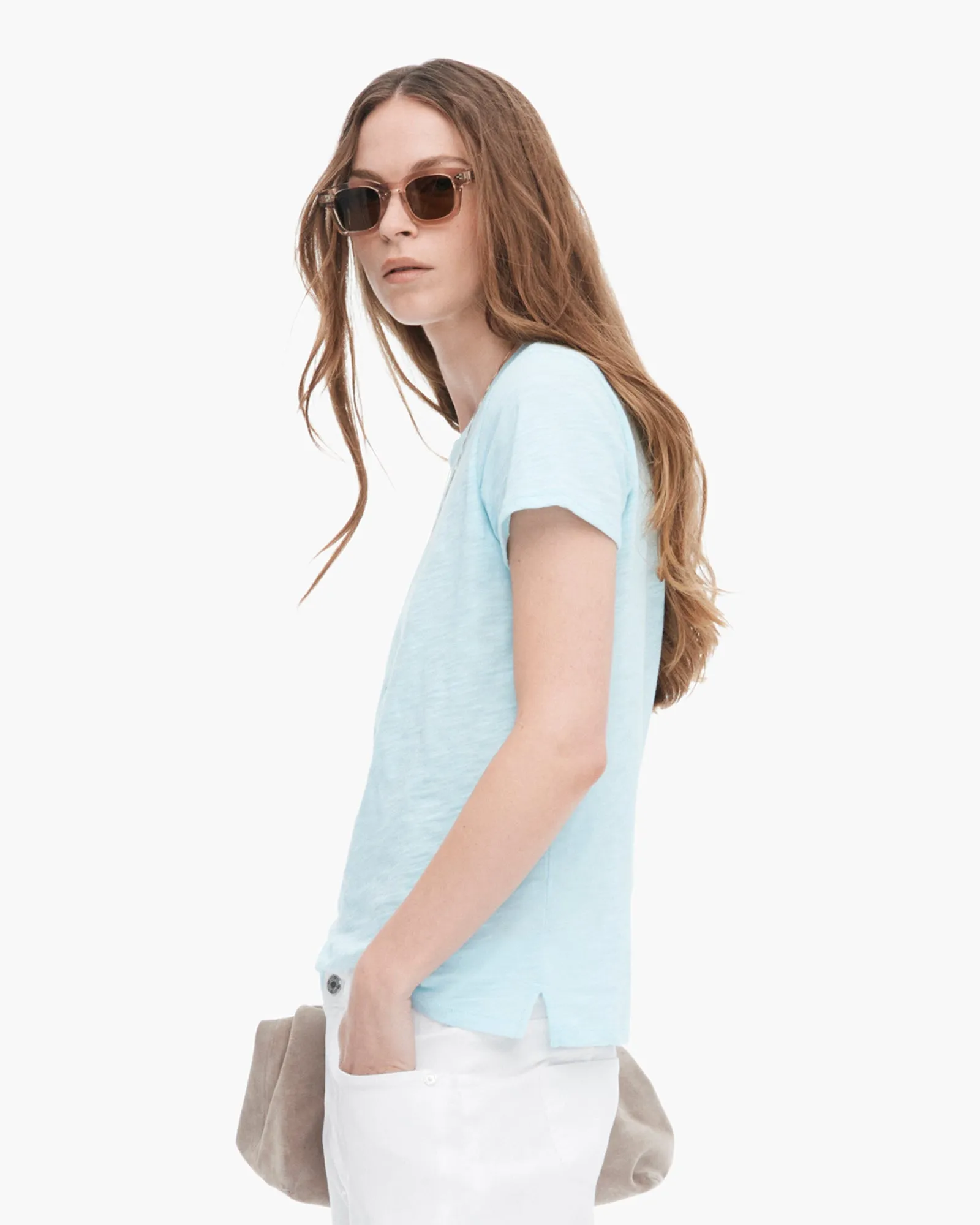 Slub Jersey Schoolboy Short Sleeve Crew Neck Tee - Ocean Blue Subtle Embroidery Casual Layer Look