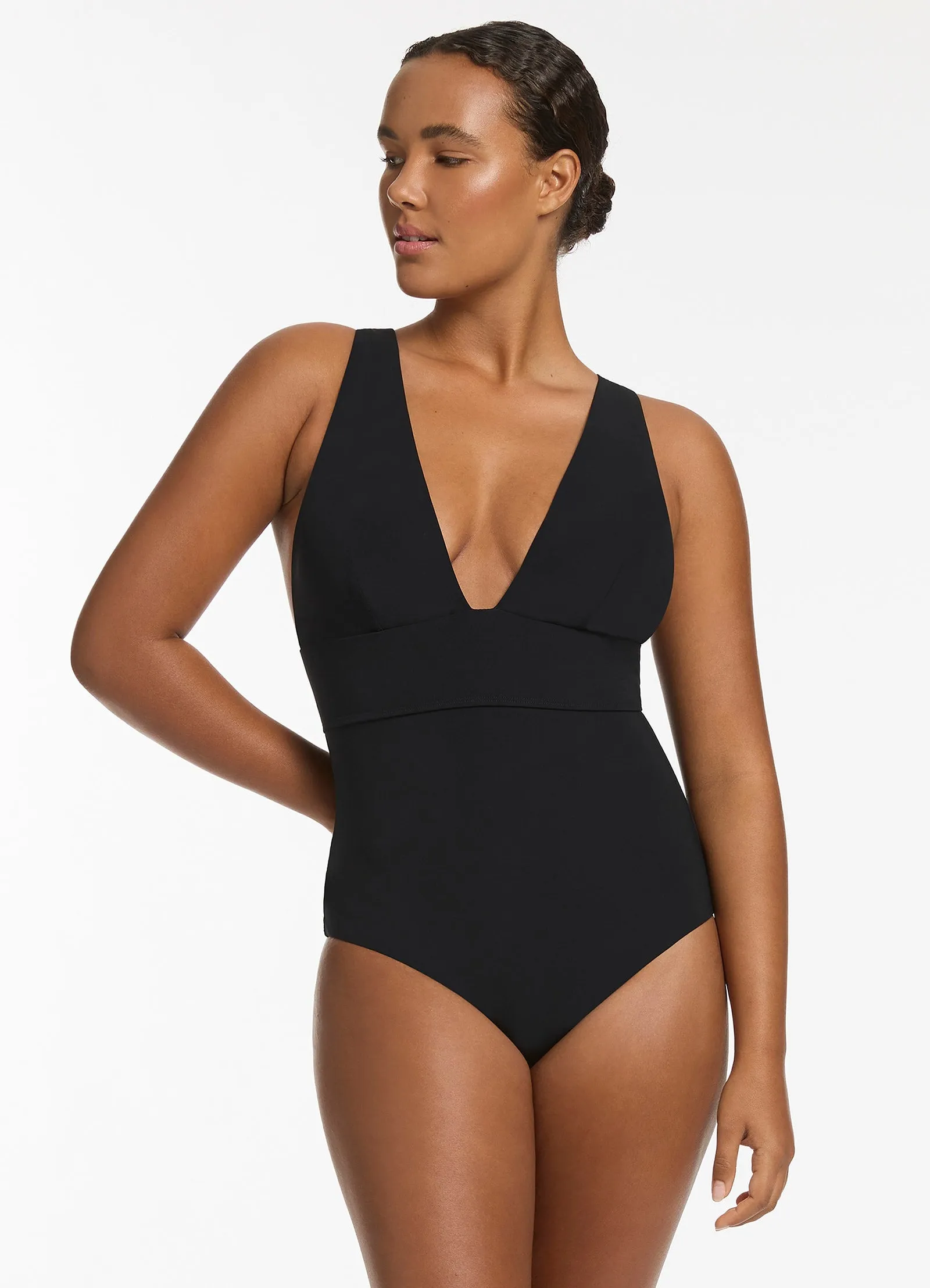 Jetset Plunge Tie Back One Piece - Black Mesh Lined Padding Quick Adjust Drawstring