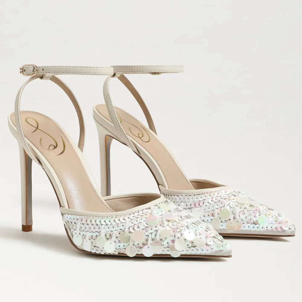 Power Piece Neutral Style Sam Edelman Avril Pump Womens US 6 Ivory Sequin Ankle Strap Stiletto Heel KHD650