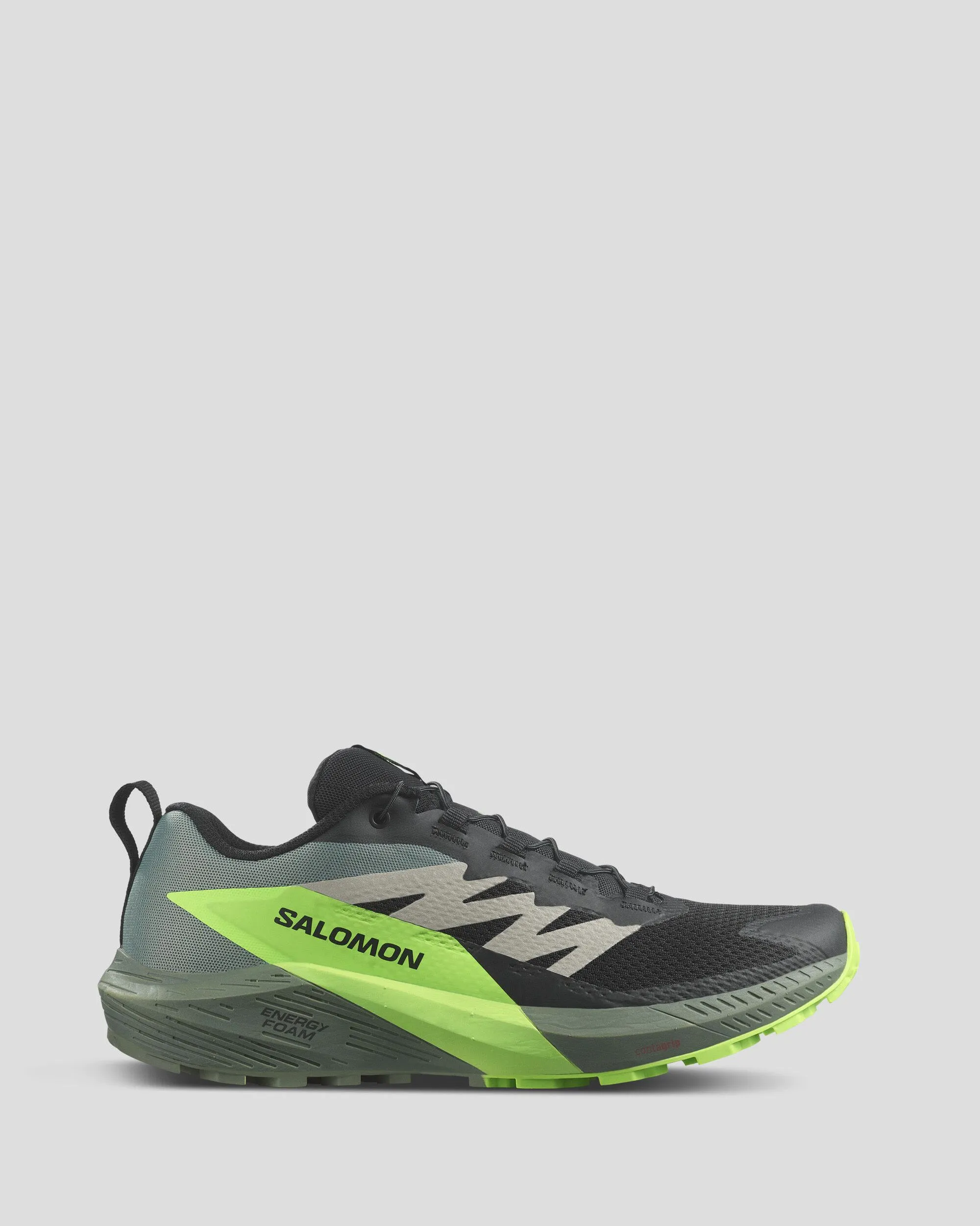 Men's Salomon Sense Ride 5 Trail Running Shoes - Black/Laurel Wreath/Green Gecko Snow Grip Low Impact Landing Design