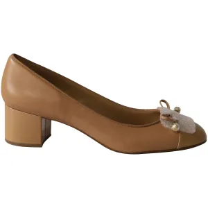 Designer Stilettos Michael Kors Gia Pearl Mid Heel Pumps in Camel Leather