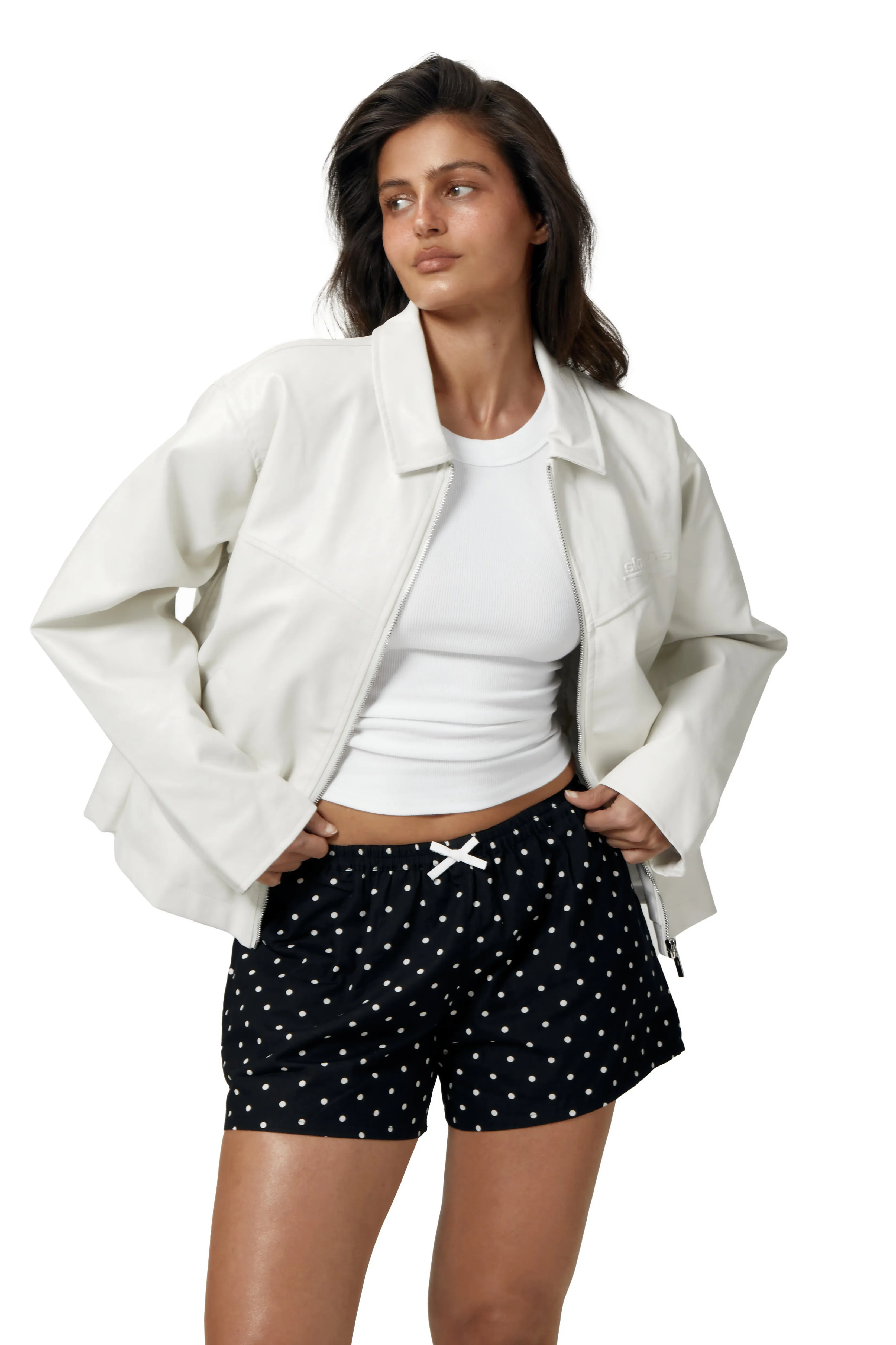 OdorResistantFabric Secure Chest Pocket Milky Vegan Leather Jacket