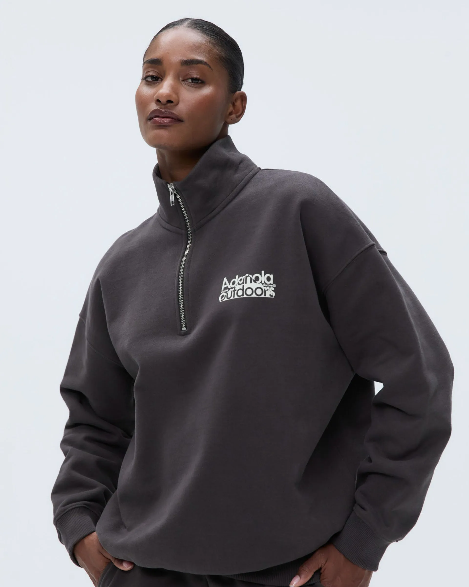 product fuzzy coziness appropriate for parties Trail Oversized Funnel Neck Zip Sweatshirt - Coffee Bean/Marshmallow White