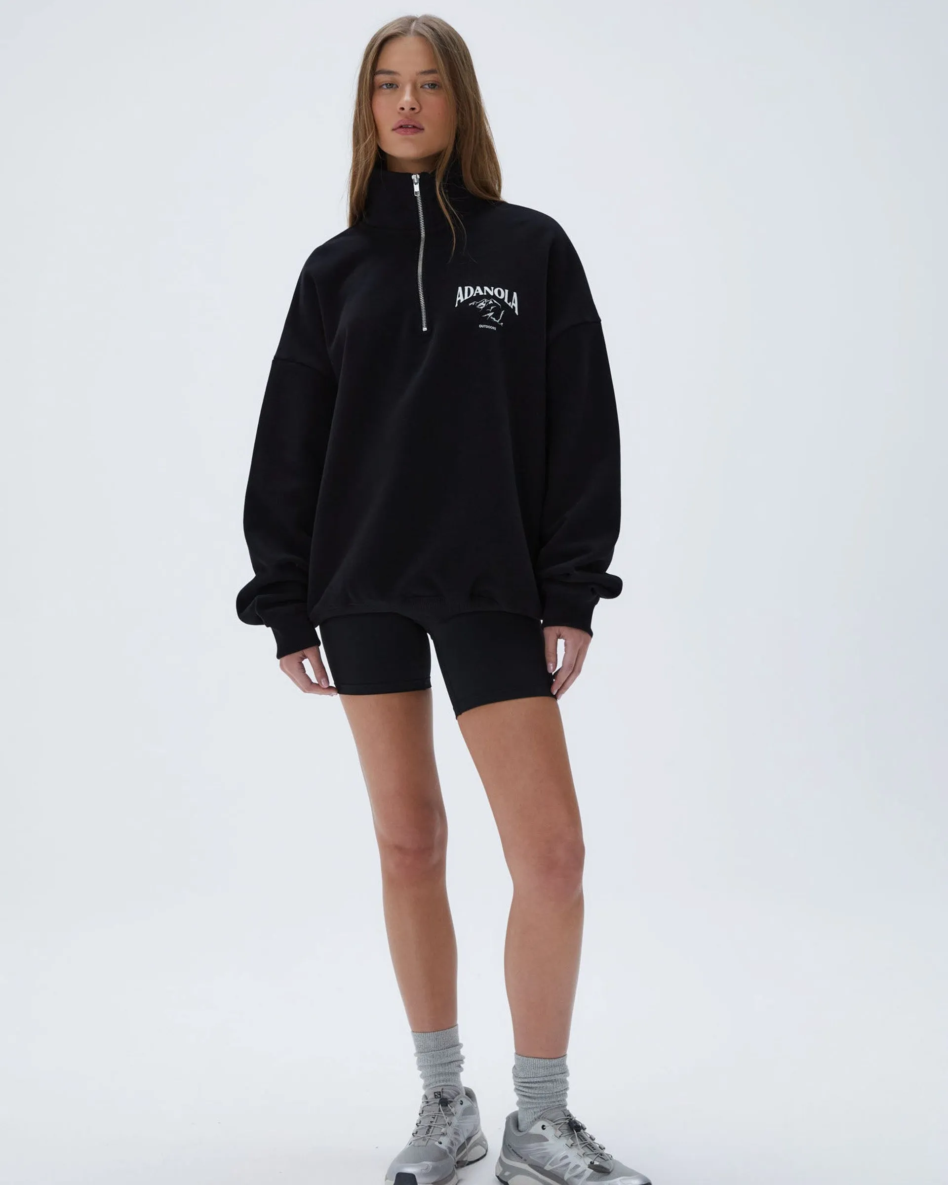 tag accents Outdoors Oversized Funnel Neck Zip Sweatshirt - Black