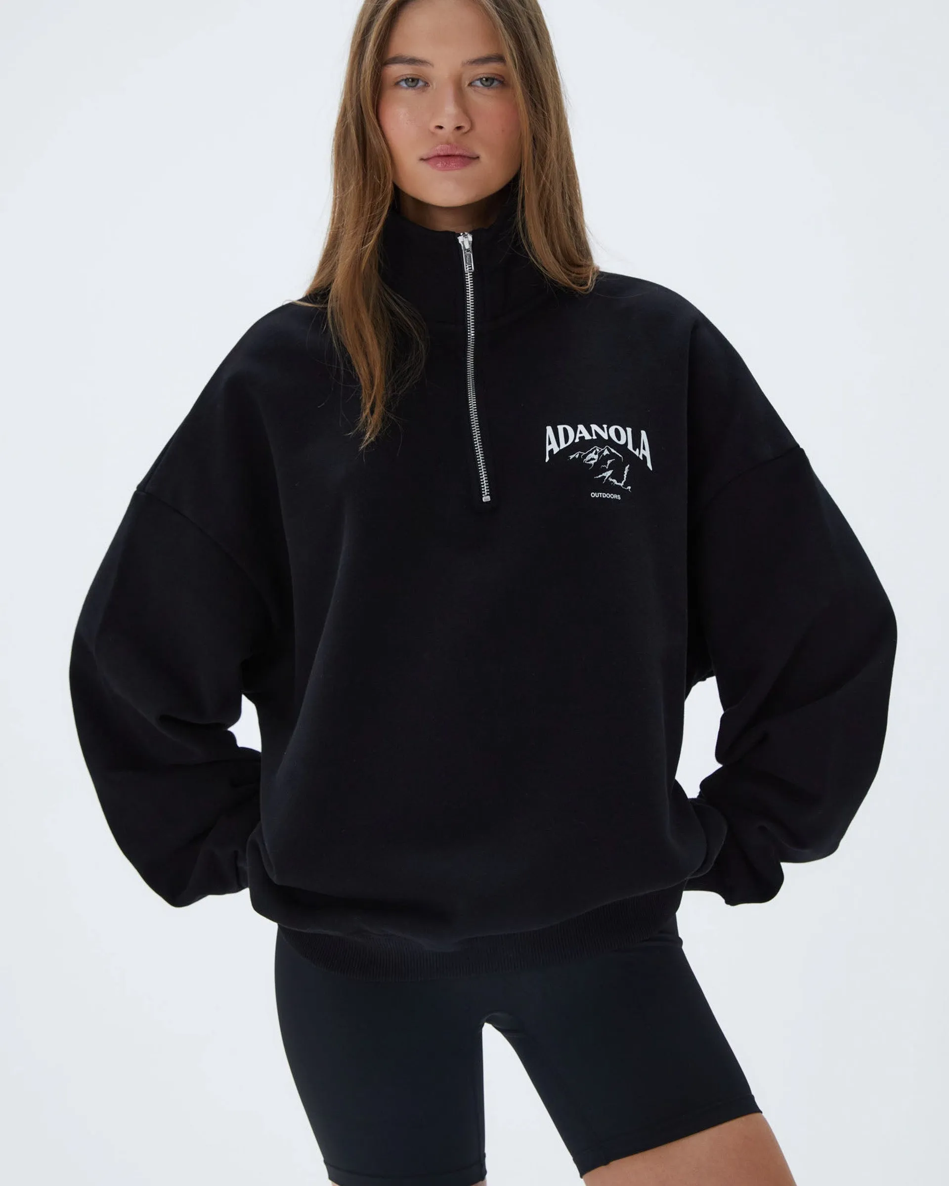 All-Weather Wear Outdoors Oversized Funnel Neck Zip Sweatshirt - Black