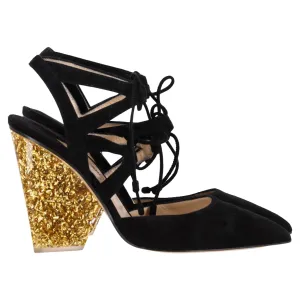 Paul Andrew x Edie Parker Laced Pumps in Black Suede Ankle Strap Heels