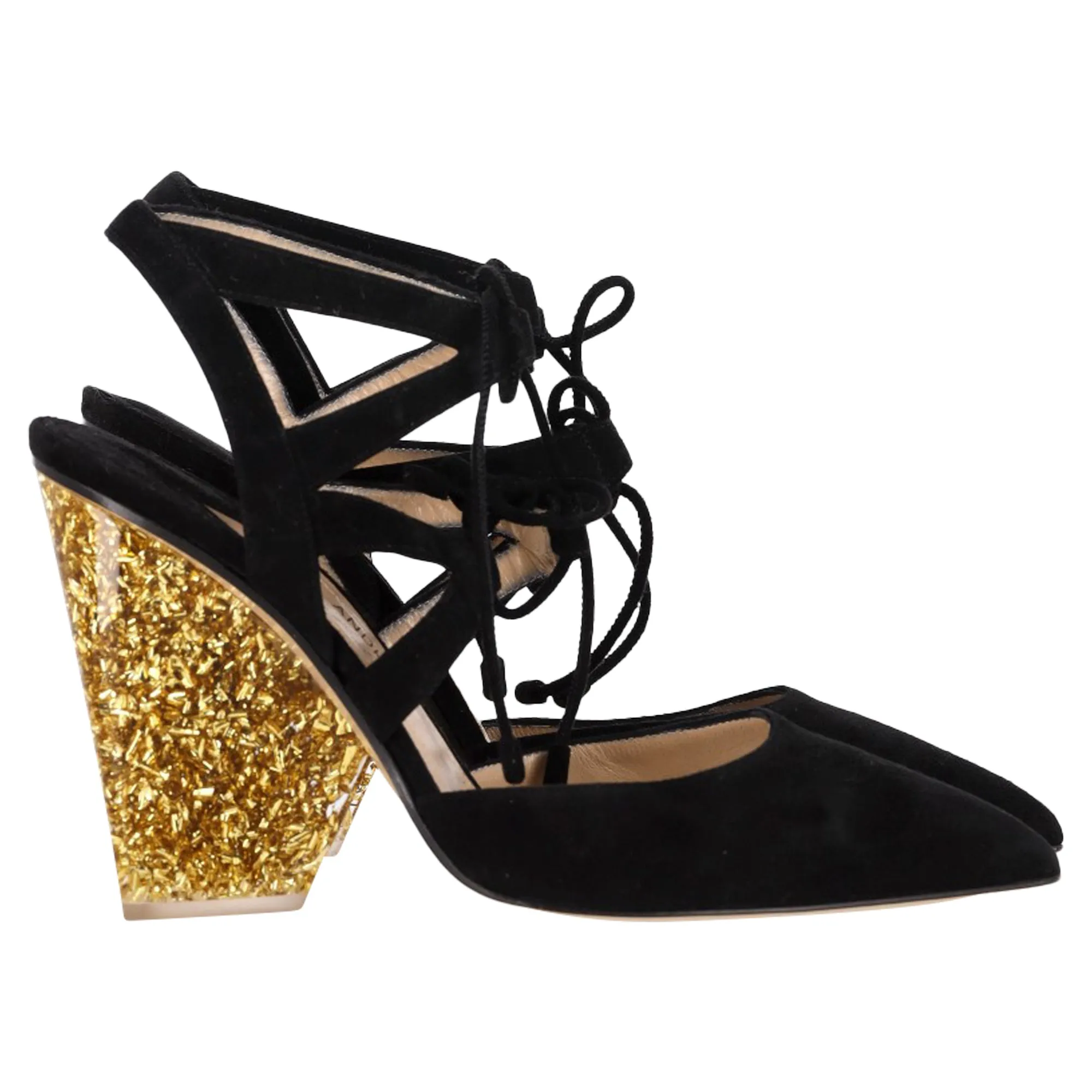 Paul Andrew x Edie Parker Laced Pumps in Black Suede Ankle Strap Heels