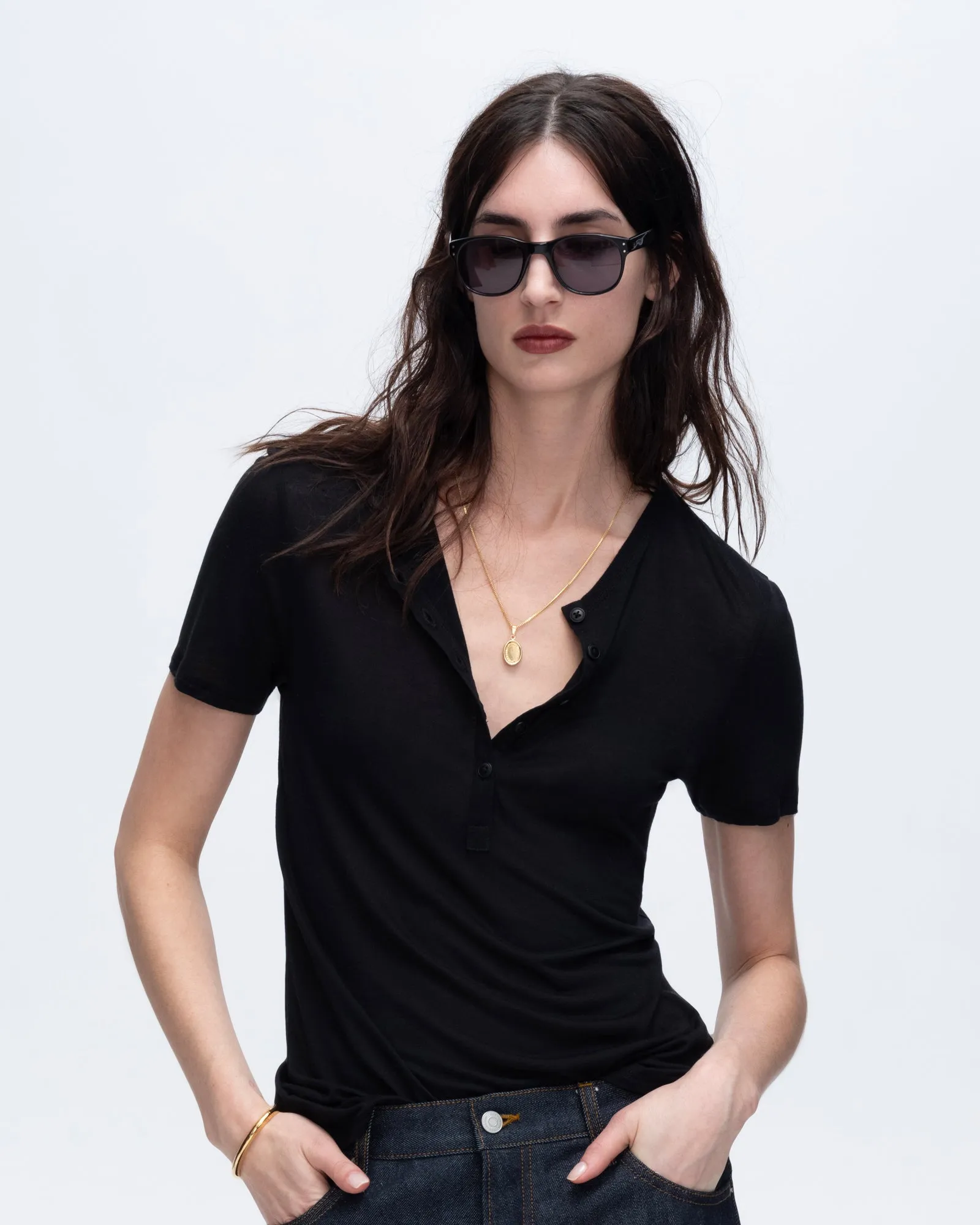 Modern Design Modal Jersey Short Sleeve Henley - Black