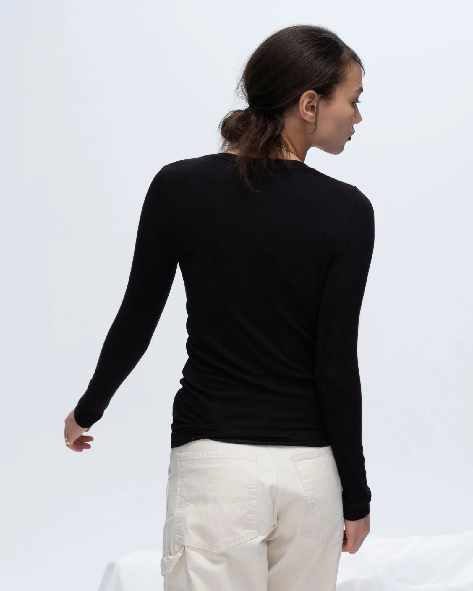 Urban Trend Look Modal Rib Long Sleeve V-Neck Tee - Black